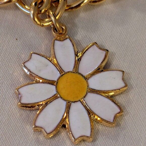 Vintage Sarah Coventry Daisy Charm Bracelet Gold Tone Link Enamel Flower 1960s - Picture 1 of 4